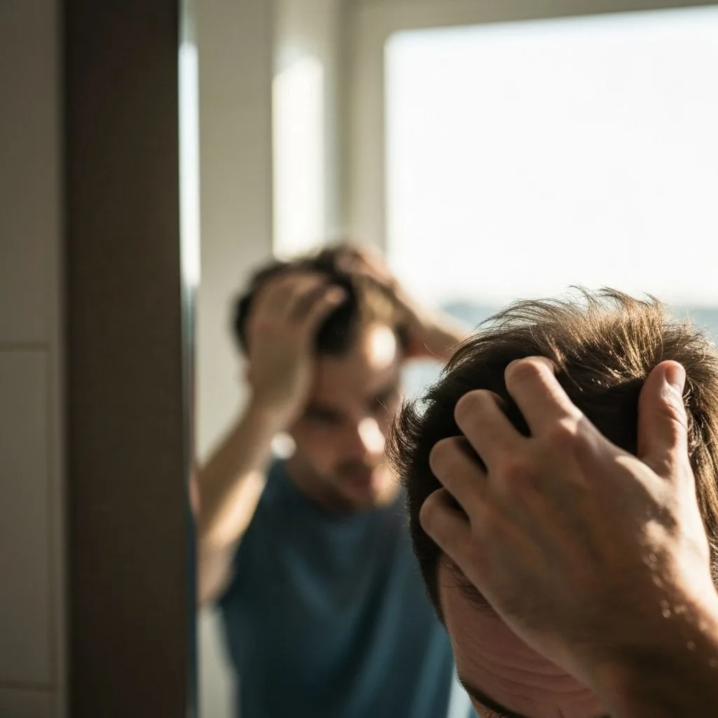 Man checking hair in mirror