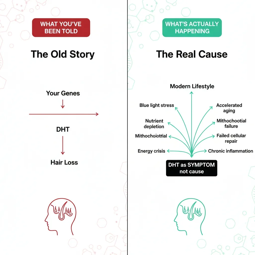 Split comparison diagram: The old story (genes to DHT to hair loss) vs the real cause (modern lifestyle factors causing cellular energy crisis)